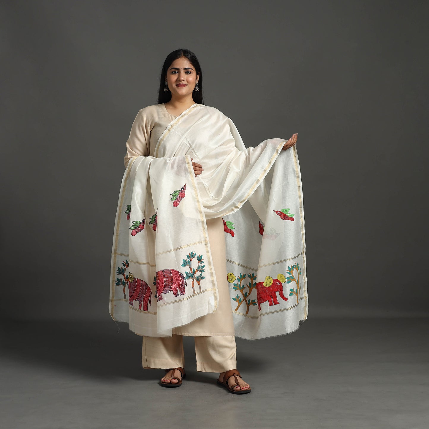 White - Original Gond Handpainted Handloom Chanderi Silk Dupatta 17