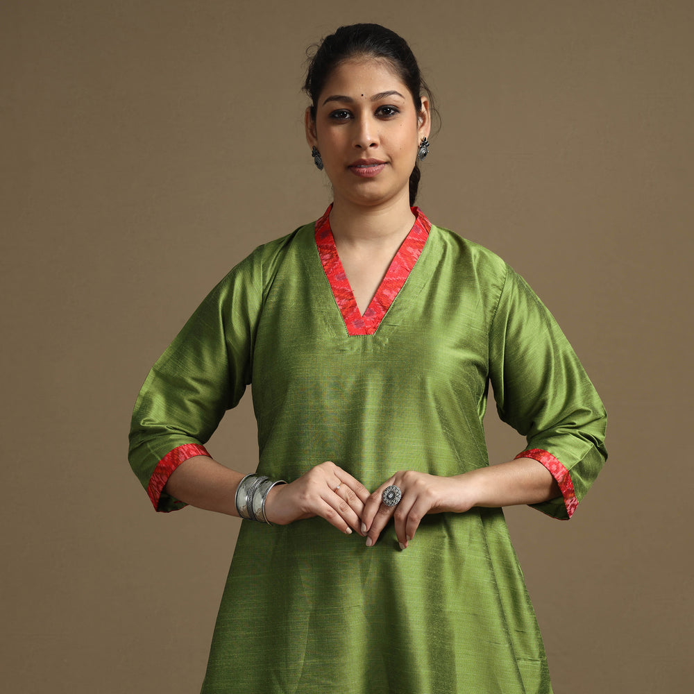 Green - Plain Solid Slub Silk A-Line Long Kurta