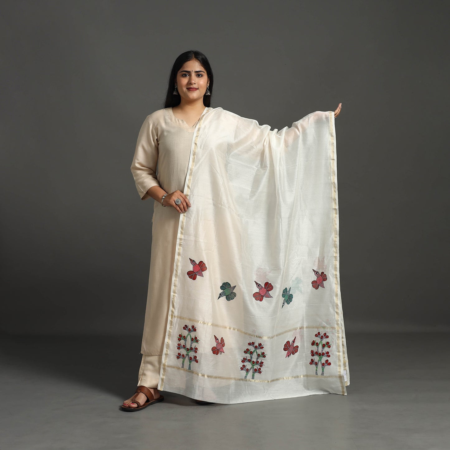 White - Original Gond Handpainted Handloom Chanderi Silk Dupatta 18