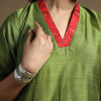 Green - Plain Solid Slub Silk A-Line Long Kurta