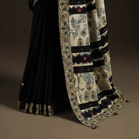 Ajrakh Hand Block Print Tagai & Mirror Patchwork Pure Mul Cotton Saree 02