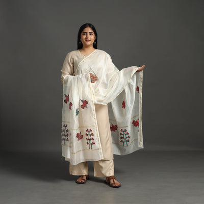 White - Original Gond Handpainted Handloom Chanderi Silk Dupatta 18