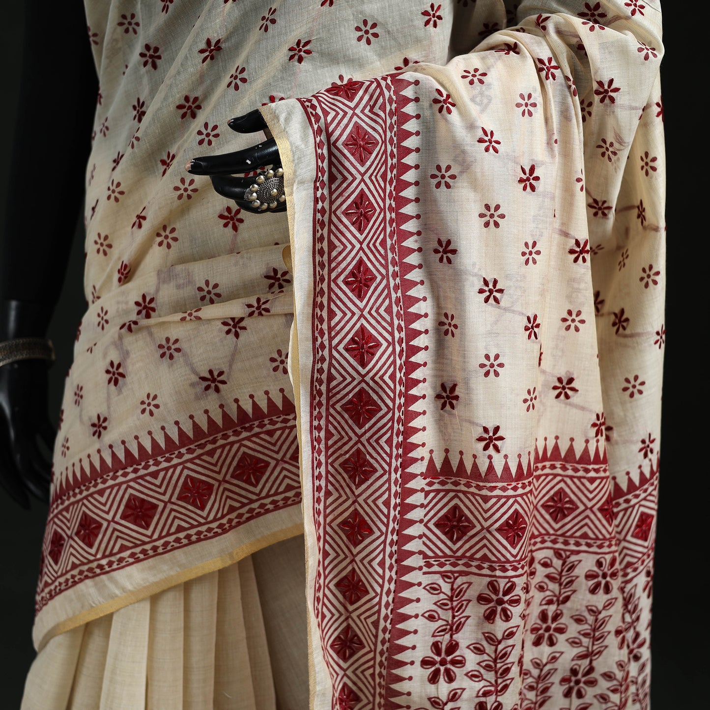 White - Bengal Kantha Hand Embroidery Silk Cotton Chapa Work Saree 111