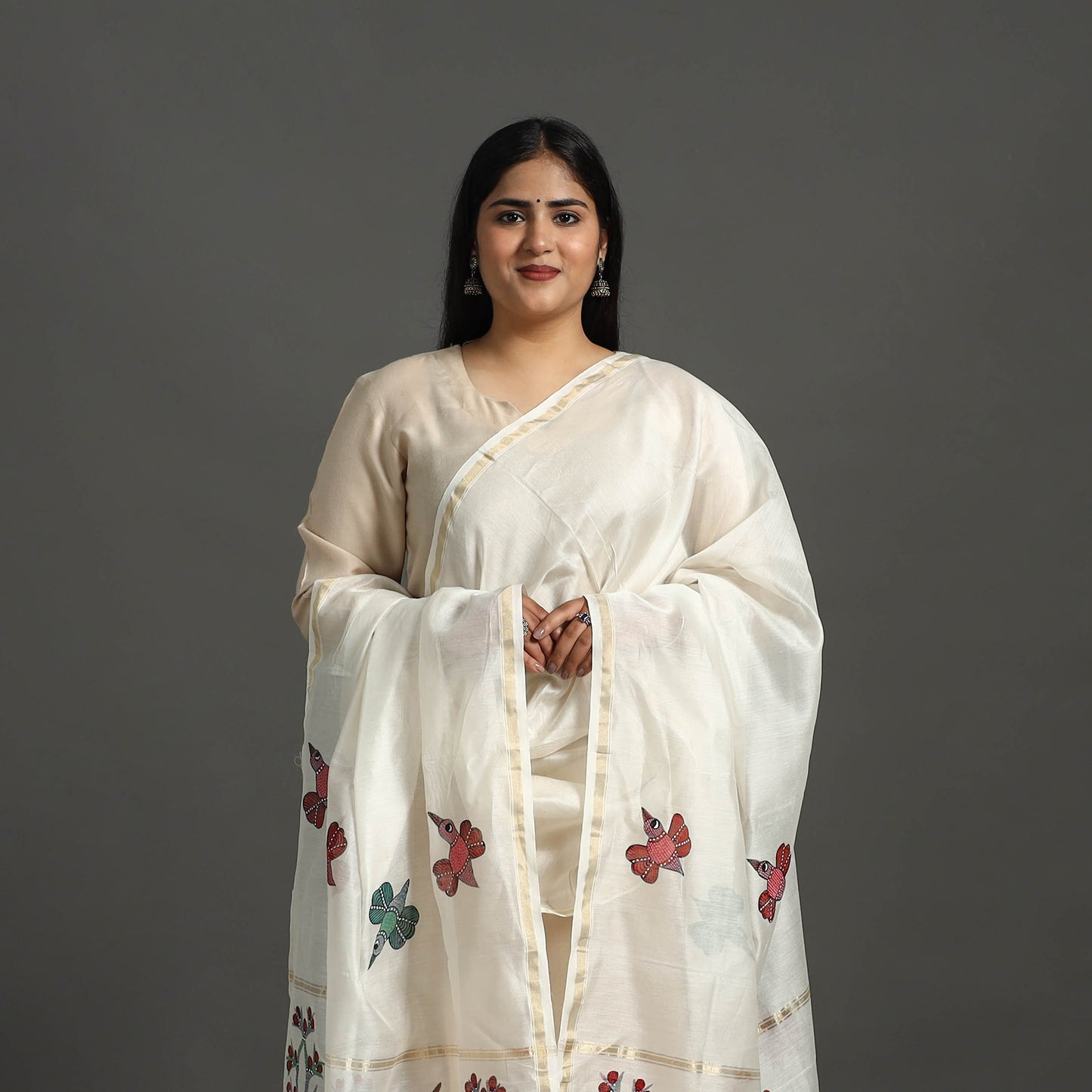 White - Original Gond Handpainted Handloom Chanderi Silk Dupatta 18