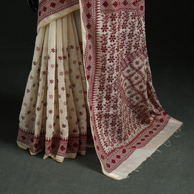 White - Bengal Kantha Hand Embroidery Silk Cotton Chapa Work Saree 111