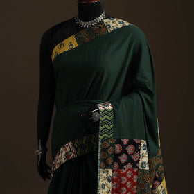 Ajrakh Hand Block Print Patchwork Pure Mul Cotton Saree 04