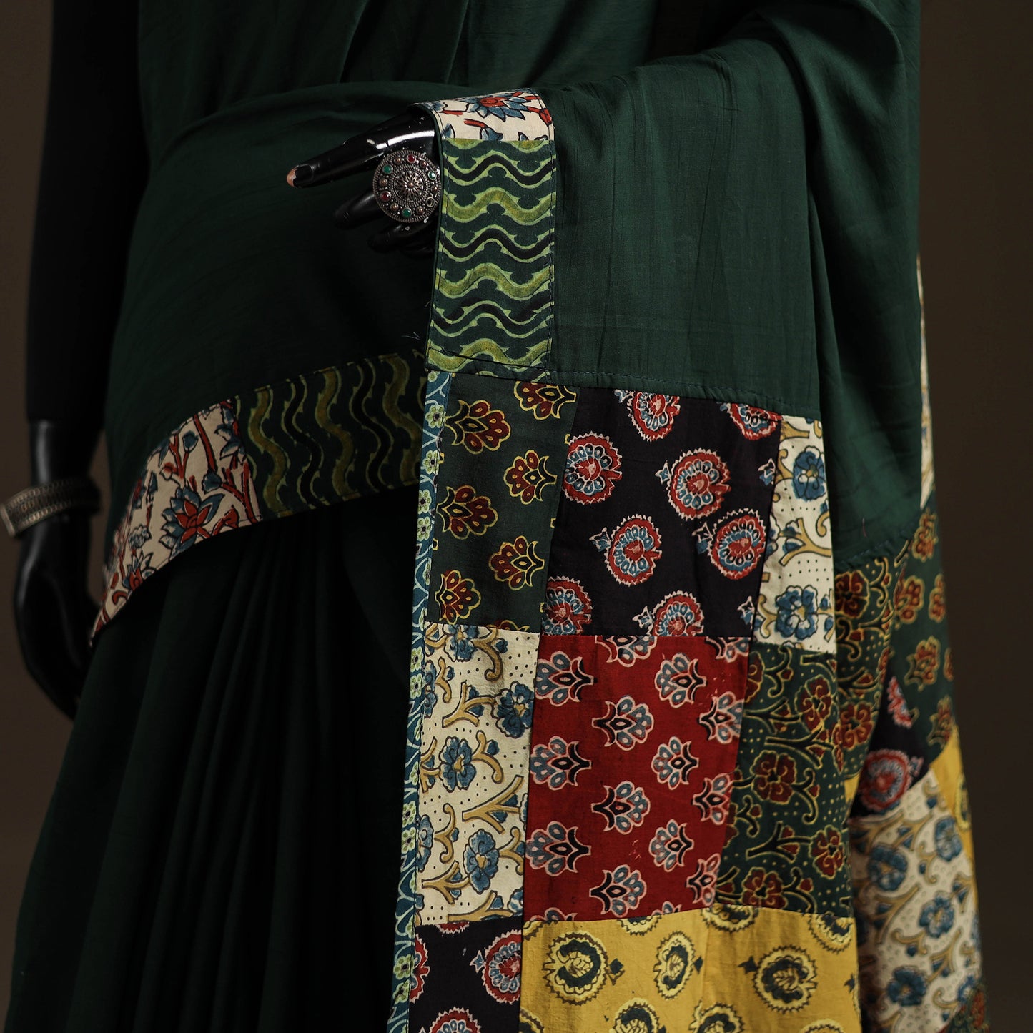 Ajrakh Hand Block Print Patchwork Pure Mul Cotton Saree 04
