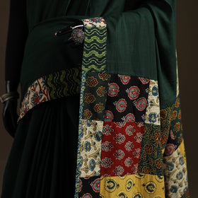 Ajrakh Hand Block Print Patchwork Pure Mul Cotton Saree 04