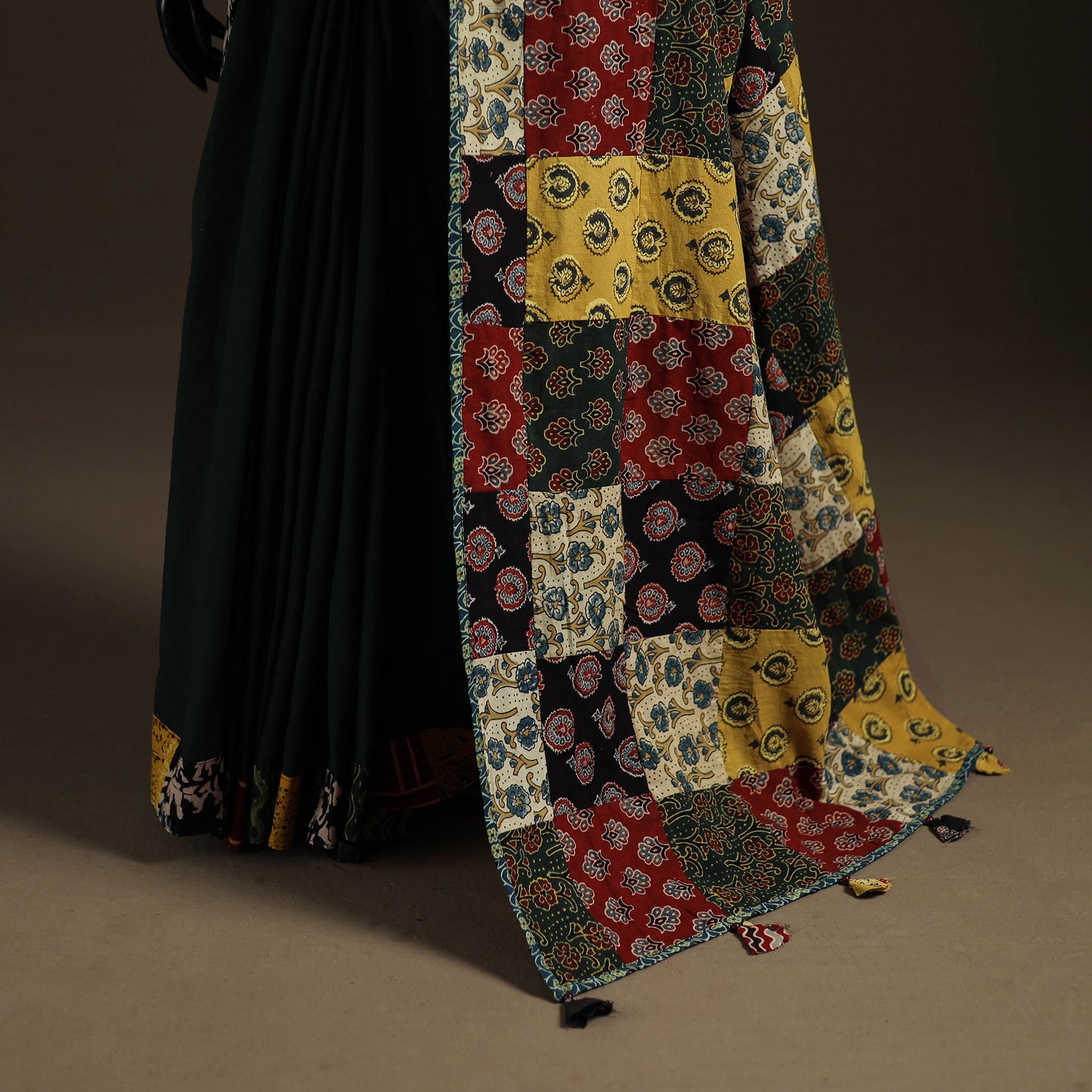 Ajrakh Hand Block Print Patchwork Pure Mul Cotton Saree 04