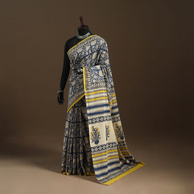 Blue - mul cotton hand bagru saree 10 - handcrafted