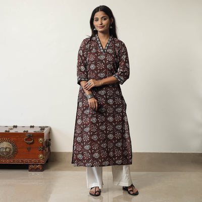 Maroon - Jahota Block Printed Cotton Straight Kurta 06