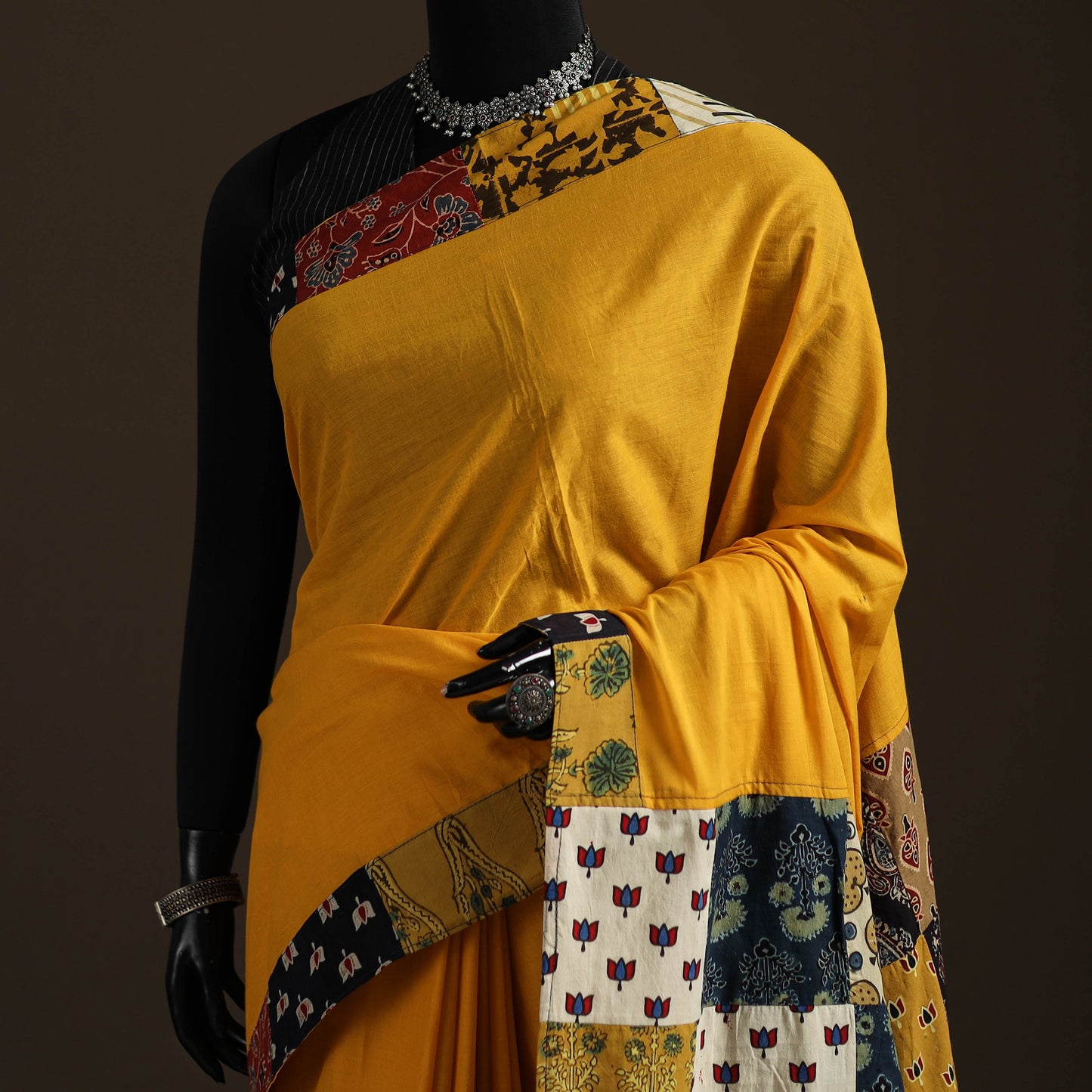 Ajrakh Hand Block Print Patchwork Pure Mul Cotton Saree 06