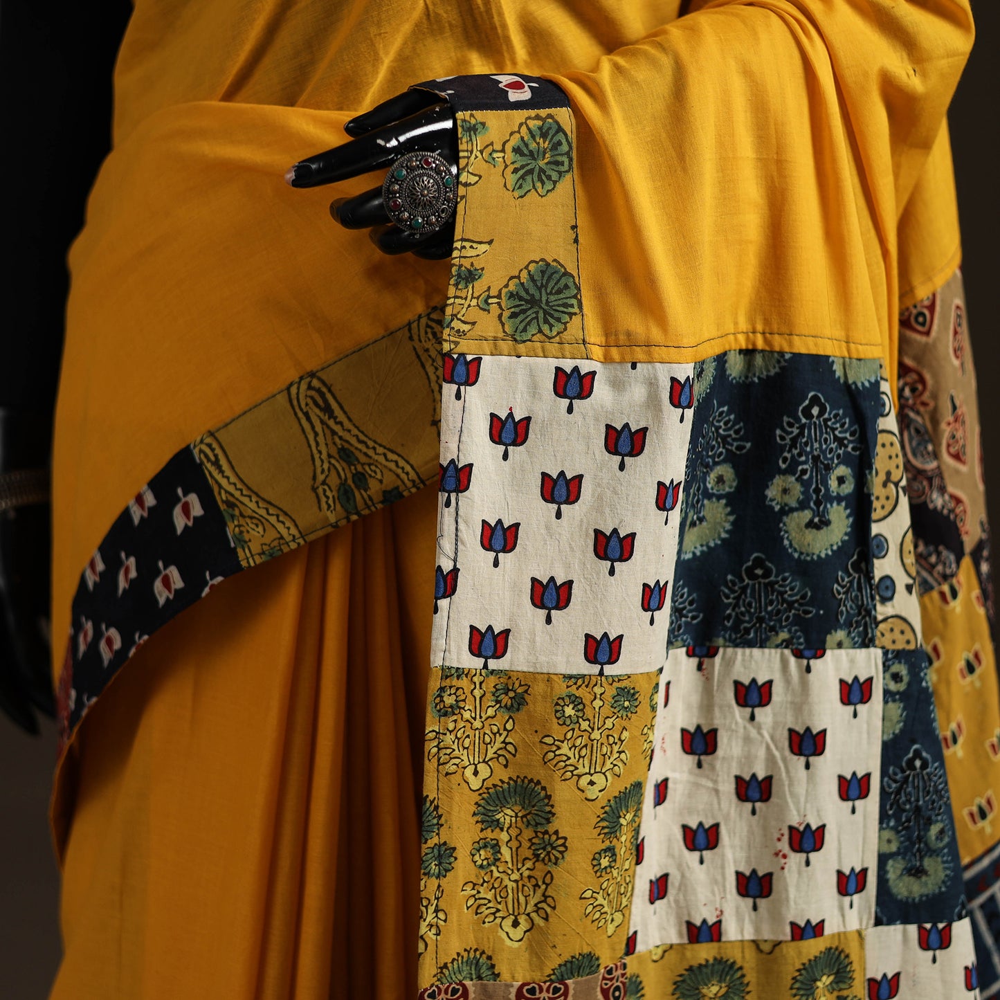 Ajrakh Hand Block Print Patchwork Pure Mul Cotton Saree 06