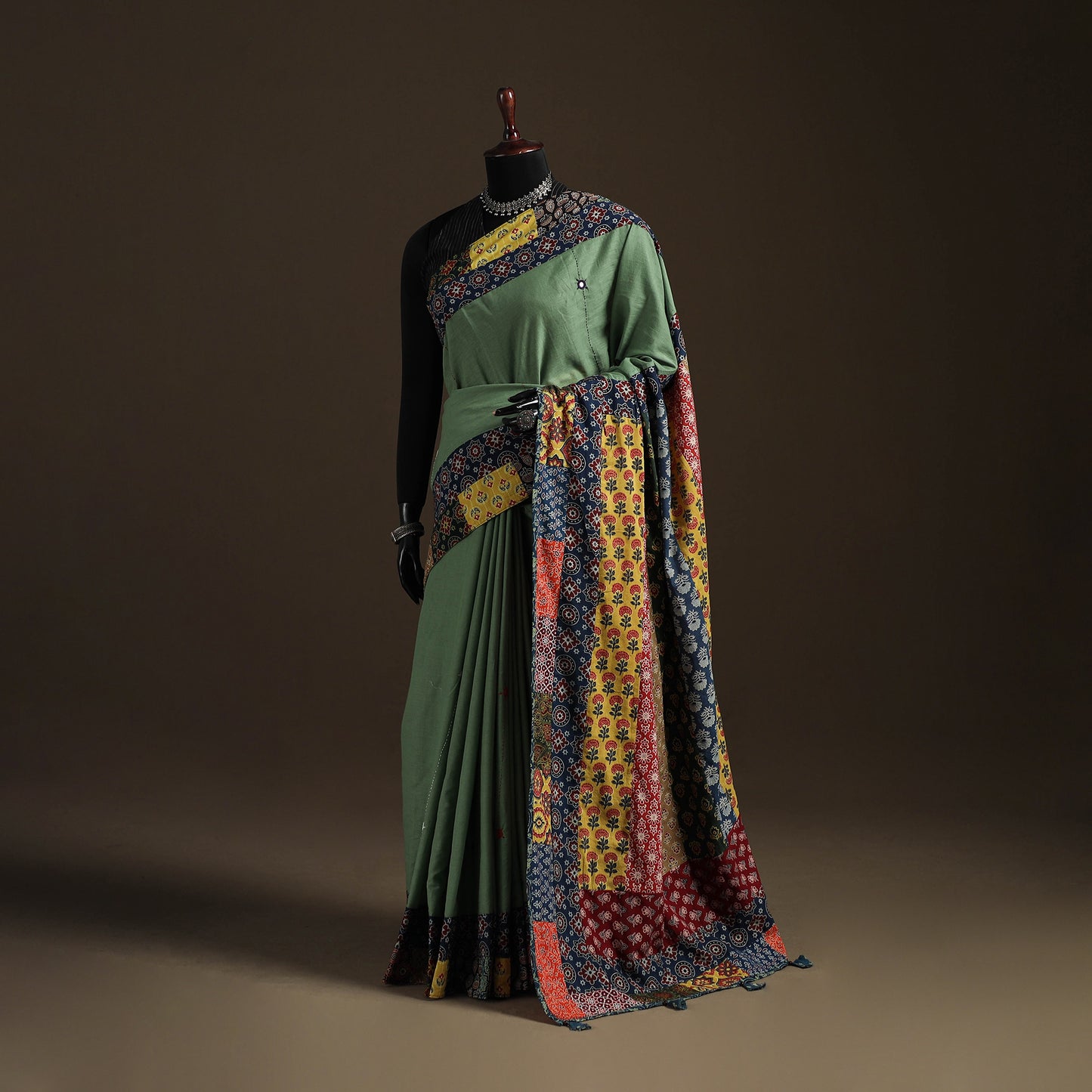 Ajrakh Hand Block Print Patchwork Pure Mul Cotton Saree 07