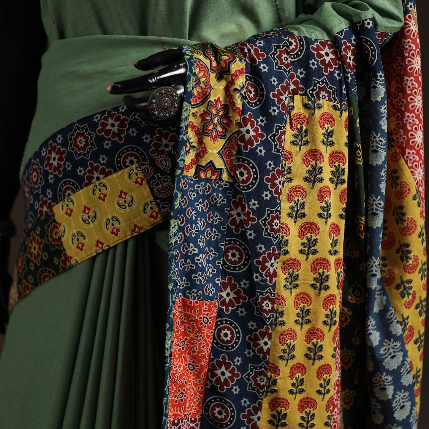 Ajrakh Hand Block Print Patchwork Pure Mul Cotton Saree 07