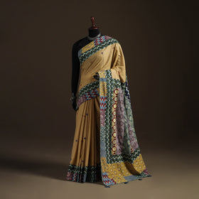 Ajrakh Hand Block Print Patchwork Pure Mul Cotton Saree 09
