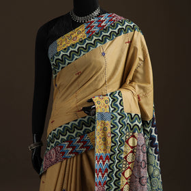 Ajrakh Hand Block Print Patchwork Pure Mul Cotton Saree 09