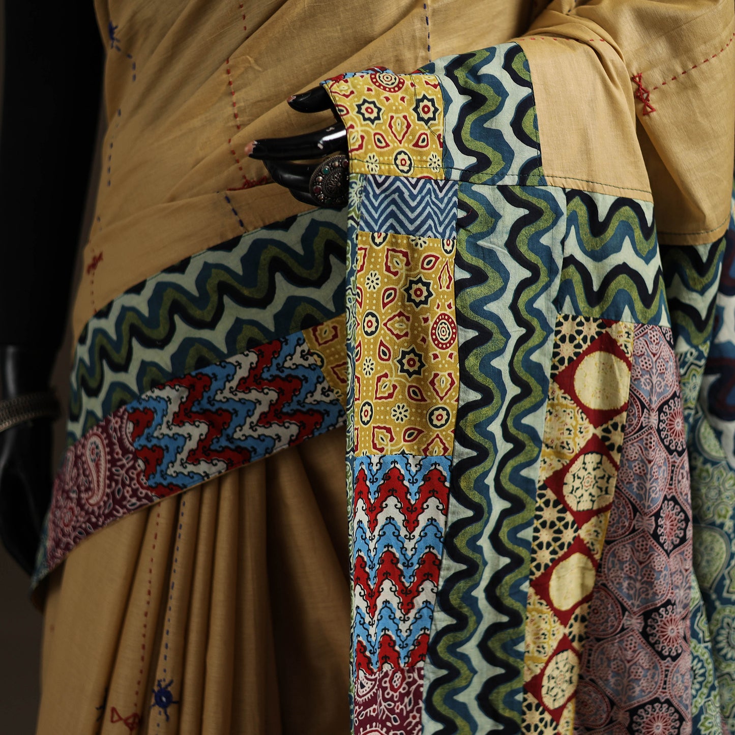 Ajrakh Hand Block Print Patchwork Pure Mul Cotton Saree 09