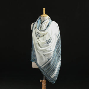 White - Kutch Handwoven Mirror Work Chomuk Buta Acrylic Wool Shawl 01