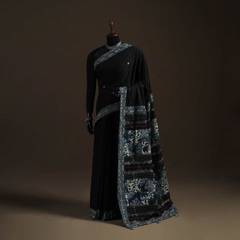 Ajrakh Hand Block Print Tagai & Mirror Patchwork Pure Mul Cotton Saree 11