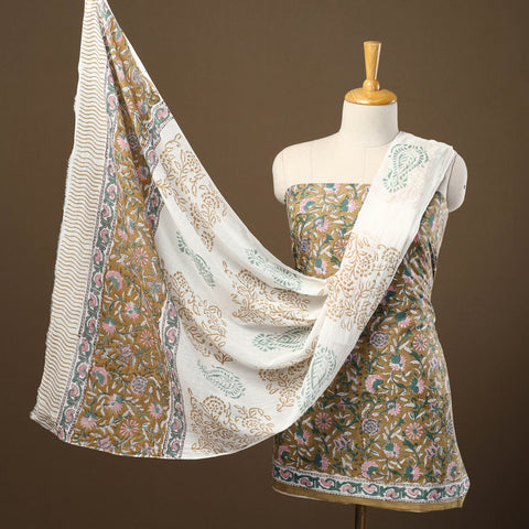 Buy Brown 3pc Sanganeri Block Print Cotton Dress Material