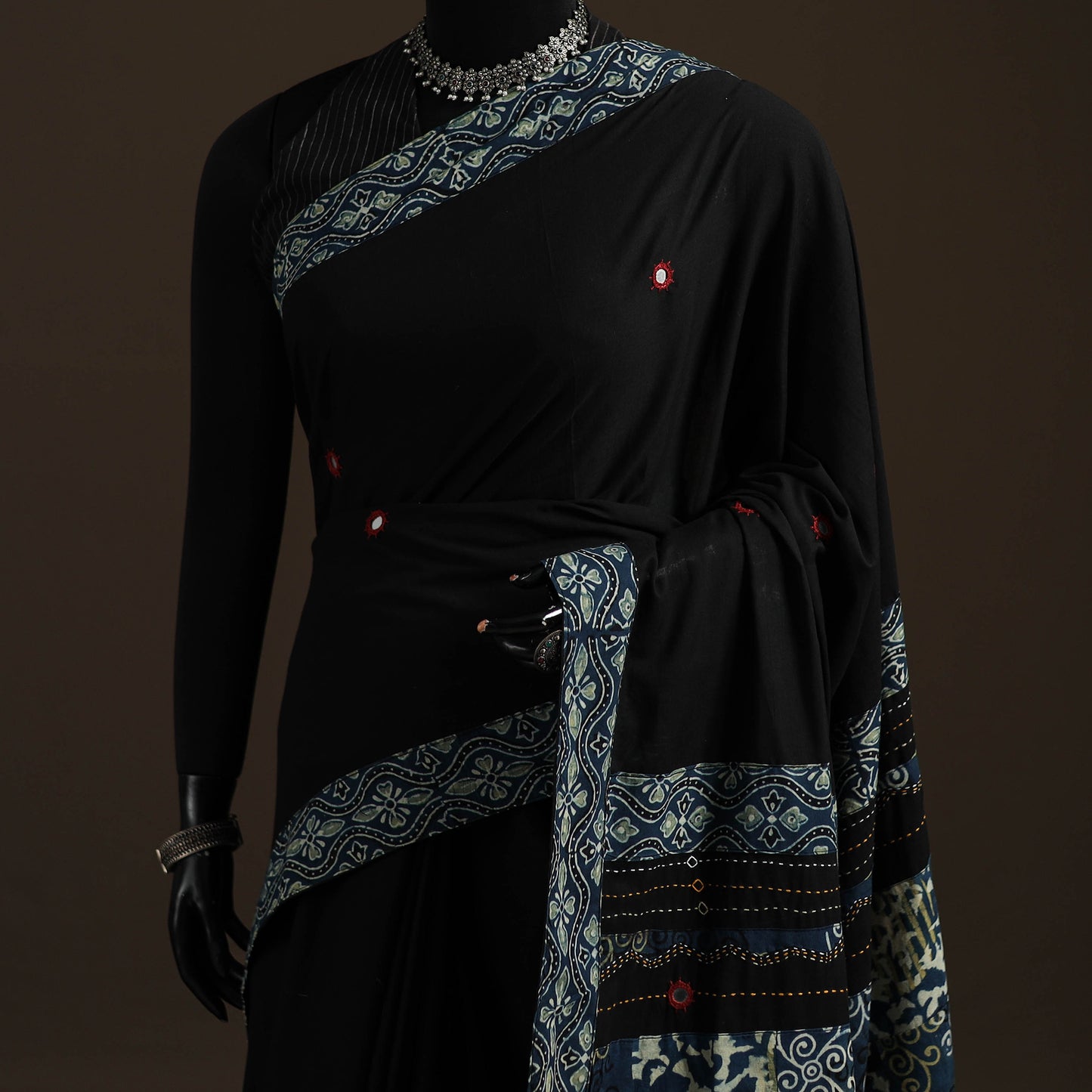 Ajrakh Hand Block Print Tagai & Mirror Patchwork Pure Mul Cotton Saree 11