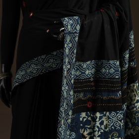 Ajrakh Hand Block Print Tagai & Mirror Patchwork Pure Mul Cotton Saree 11