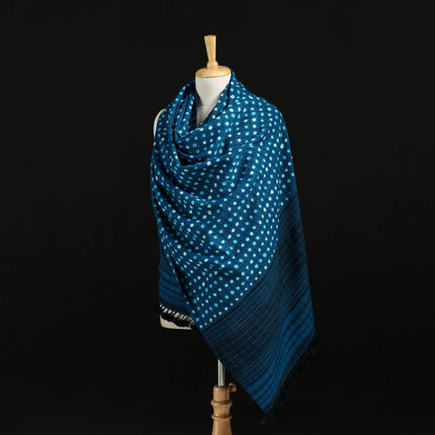 Kutch Handwoven Clamp Dyed Checks Bandhani Merino Wool Shawl 05