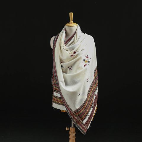 White - Kutch Handwoven Mirror Work Chomuk Buta Acrylic Wool Shawl 02