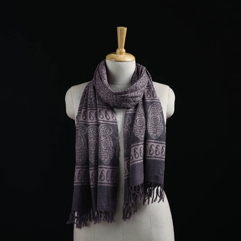 Handwoven Merino Wool Natural Dyed Hand Block Bagh Print Stole 01