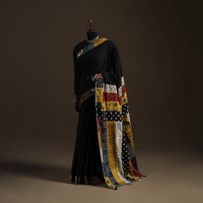 Ajrakh Hand Block Print Patchwork Pure Mul Cotton Saree 12
