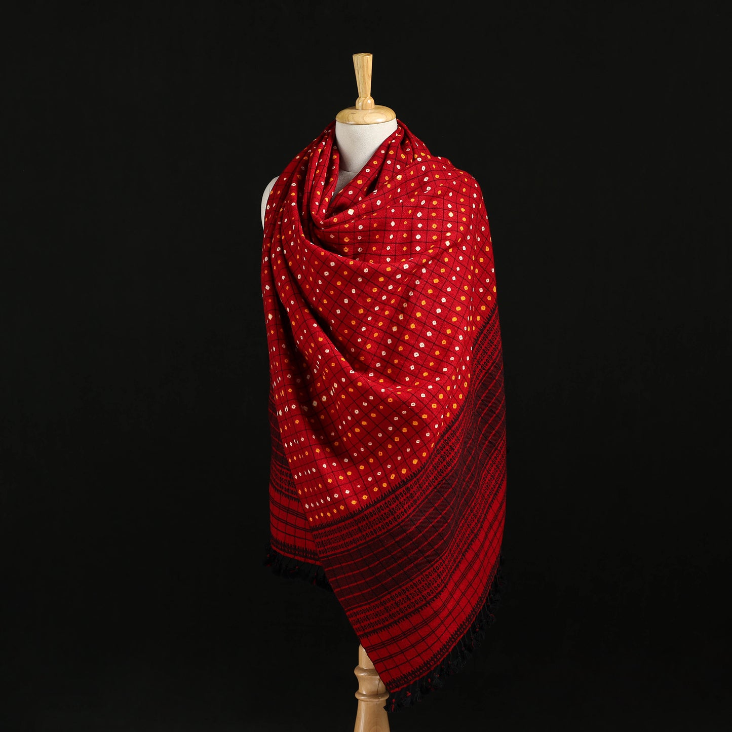 Kutch Handwoven Clamp Dyed Checks Bandhani Merino Wool Shawl 06