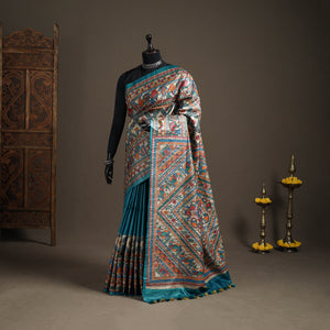 Blue - Madhubani Handpainted Pure Ghicha Tussar Silk Handloom Saree 02