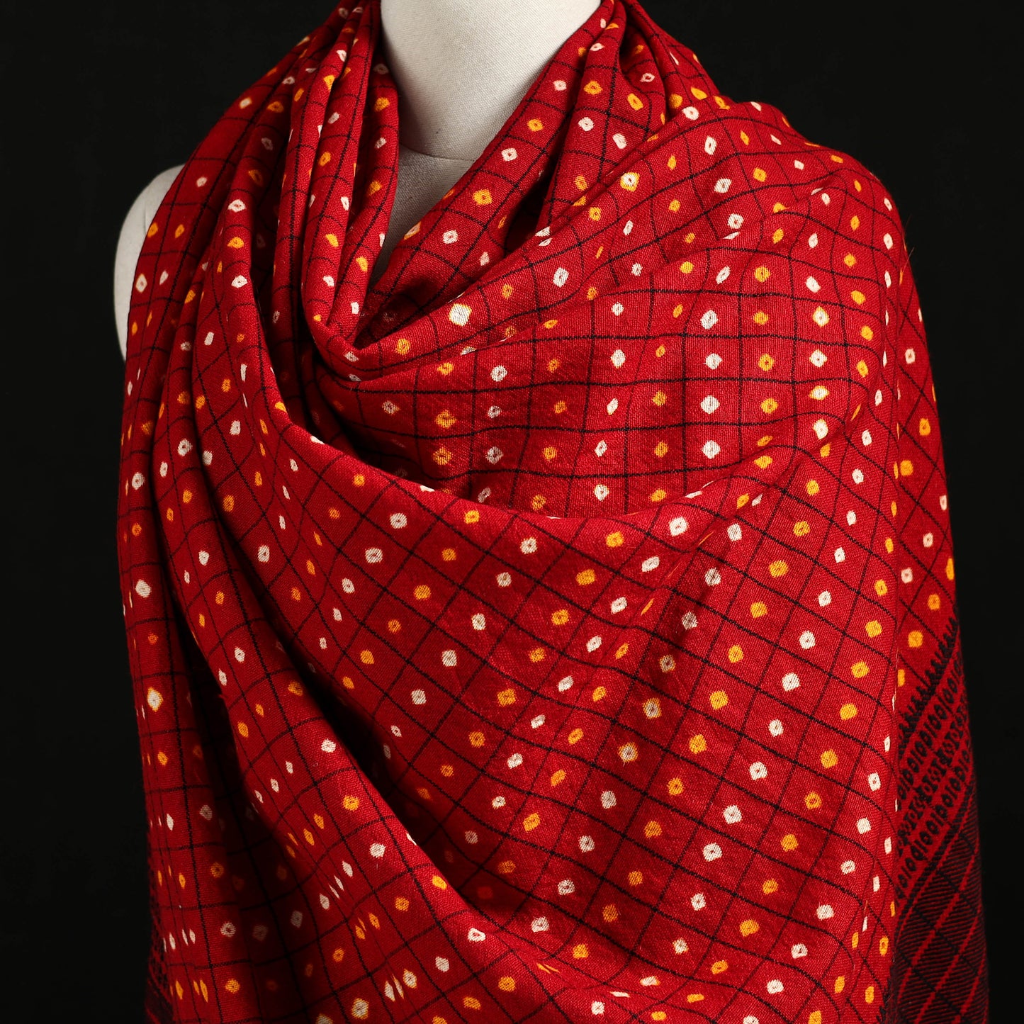 Kutch Handwoven Clamp Dyed Checks Bandhani Merino Wool Shawl 06
