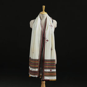 White - Kutch Handwoven Mirror Work Chomuk Buta Acrylic Wool Shawl 02