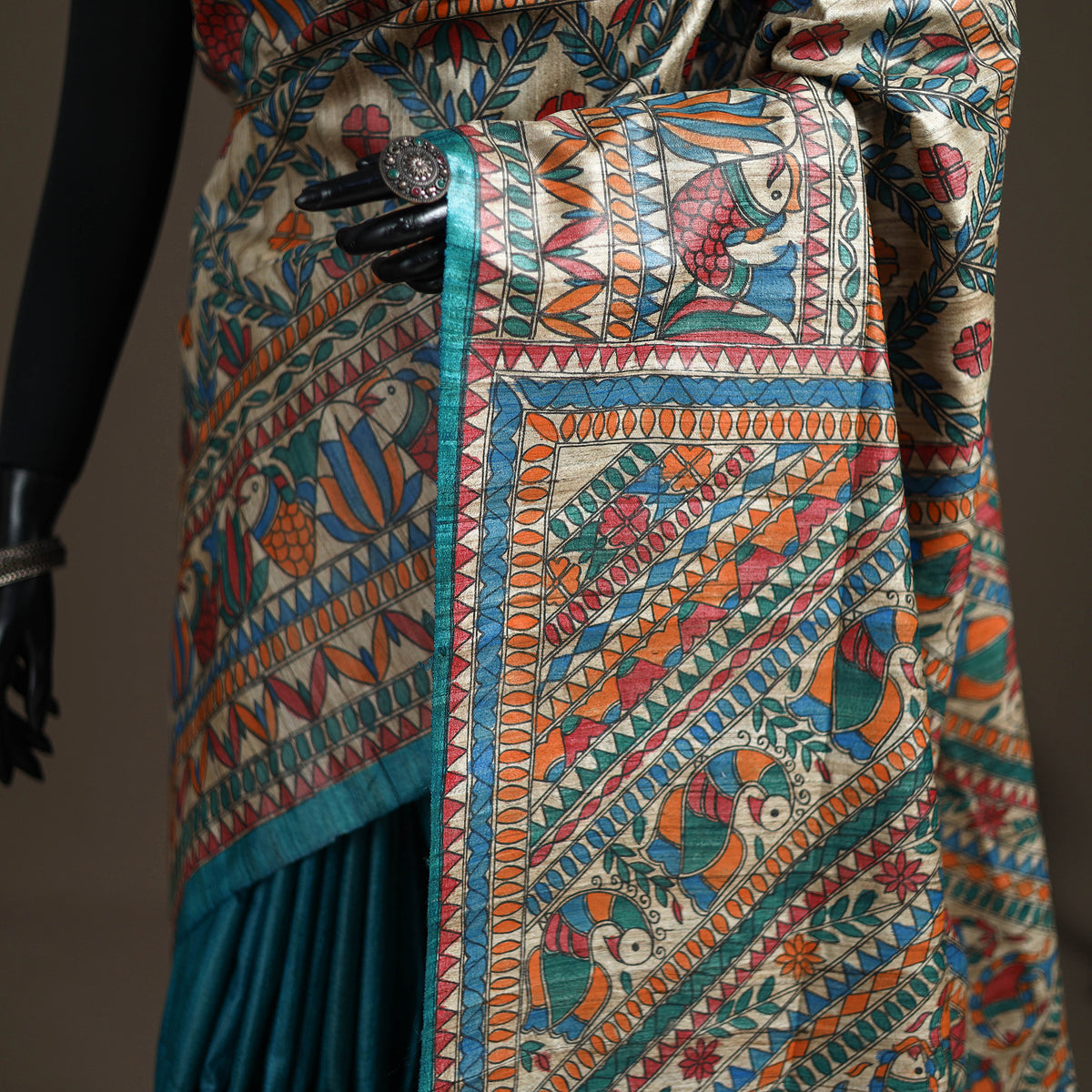 Blue - Madhubani Handpainted Pure Ghicha Tussar Silk Handloom Saree 02