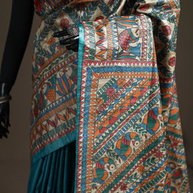 Blue - Madhubani Handpainted Pure Ghicha Tussar Silk Handloom Saree 02