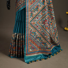 Blue - Madhubani Handpainted Pure Ghicha Tussar Silk Handloom Saree 02