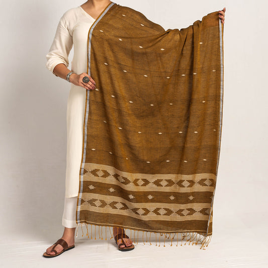 Brown - Bengal Jamdani Buti Handloom Cotton Dupatta with Tassels
