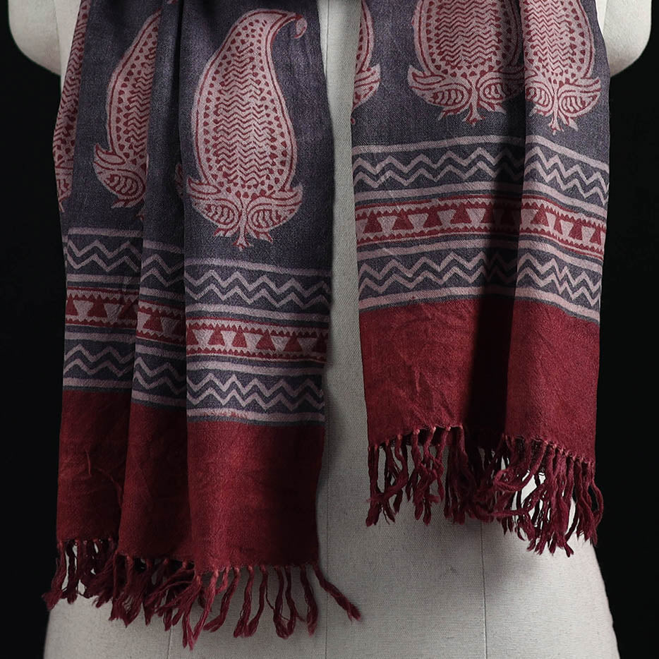 Handwoven Merino Wool Natural Dyed Hand Block Bagh Print Stole 04