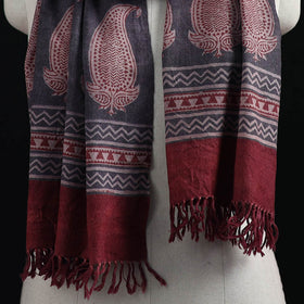 Handwoven Merino Wool Natural Dyed Hand Block Bagh Print Stole 04