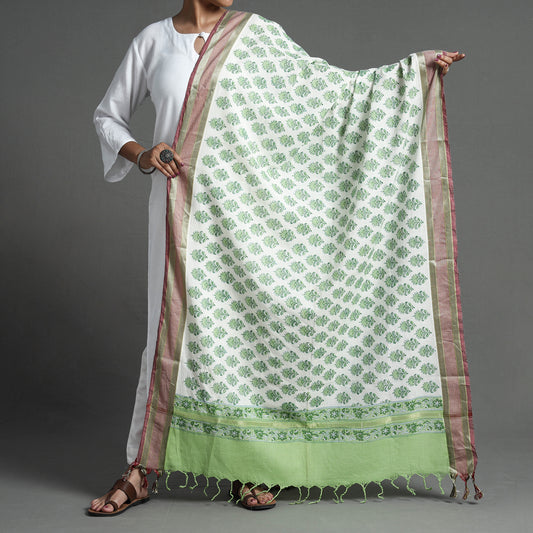 Green - Sanganeri Block Printed Cotton Dupatta with Tassels