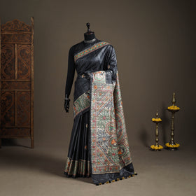 Grey - Madhubani Handpainted Pure Ghicha Tussar Silk Handloom Saree 01