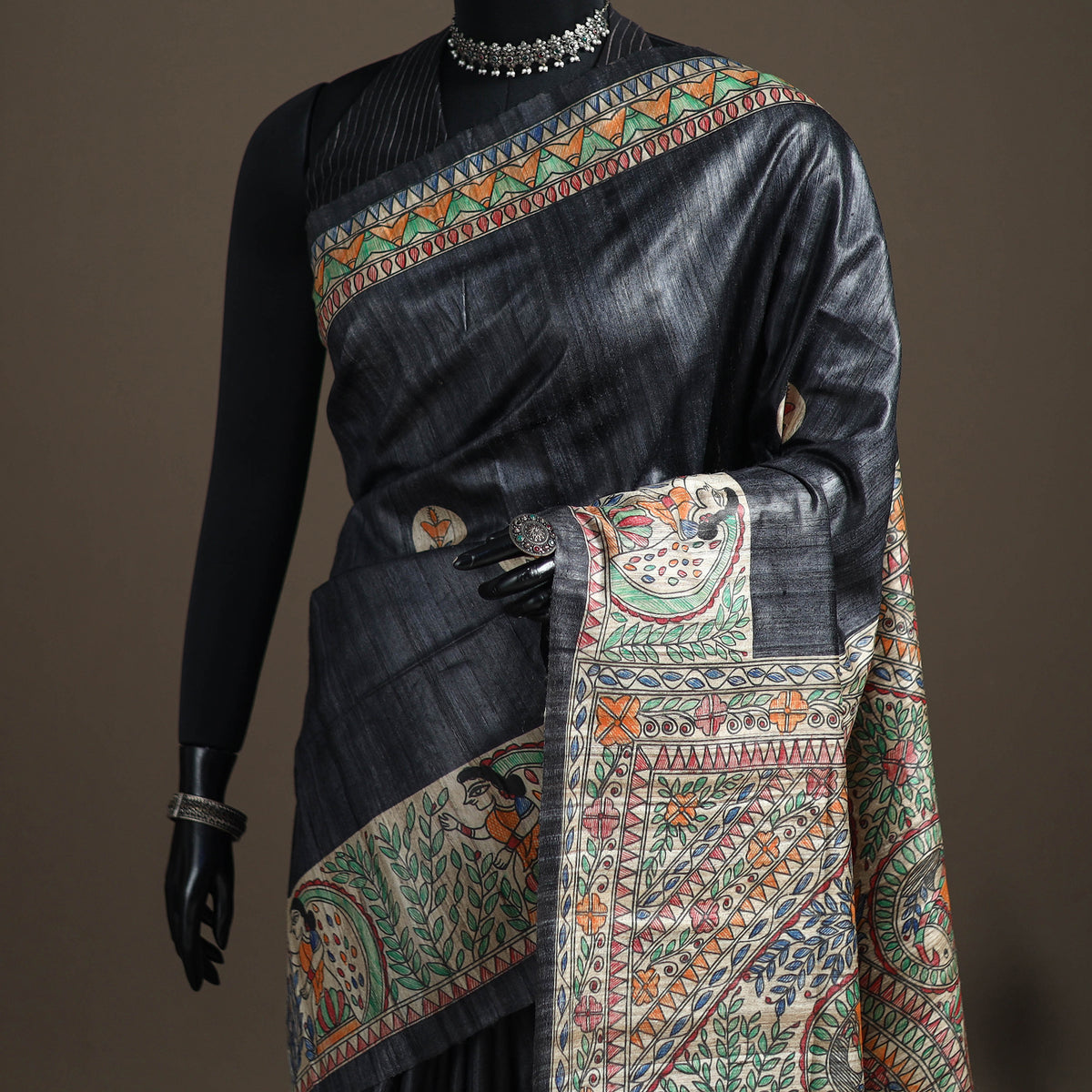 Grey - Madhubani Handpainted Pure Ghicha Tussar Silk Handloom Saree 01