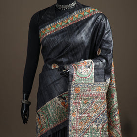 Grey - Madhubani Handpainted Pure Ghicha Tussar Silk Handloom Saree 01