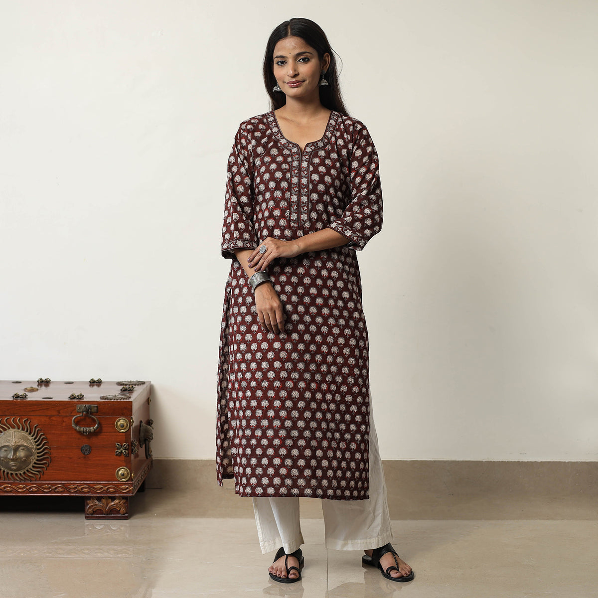 Maroon - Jahota Block Printed Cotton Straight Kurta 12