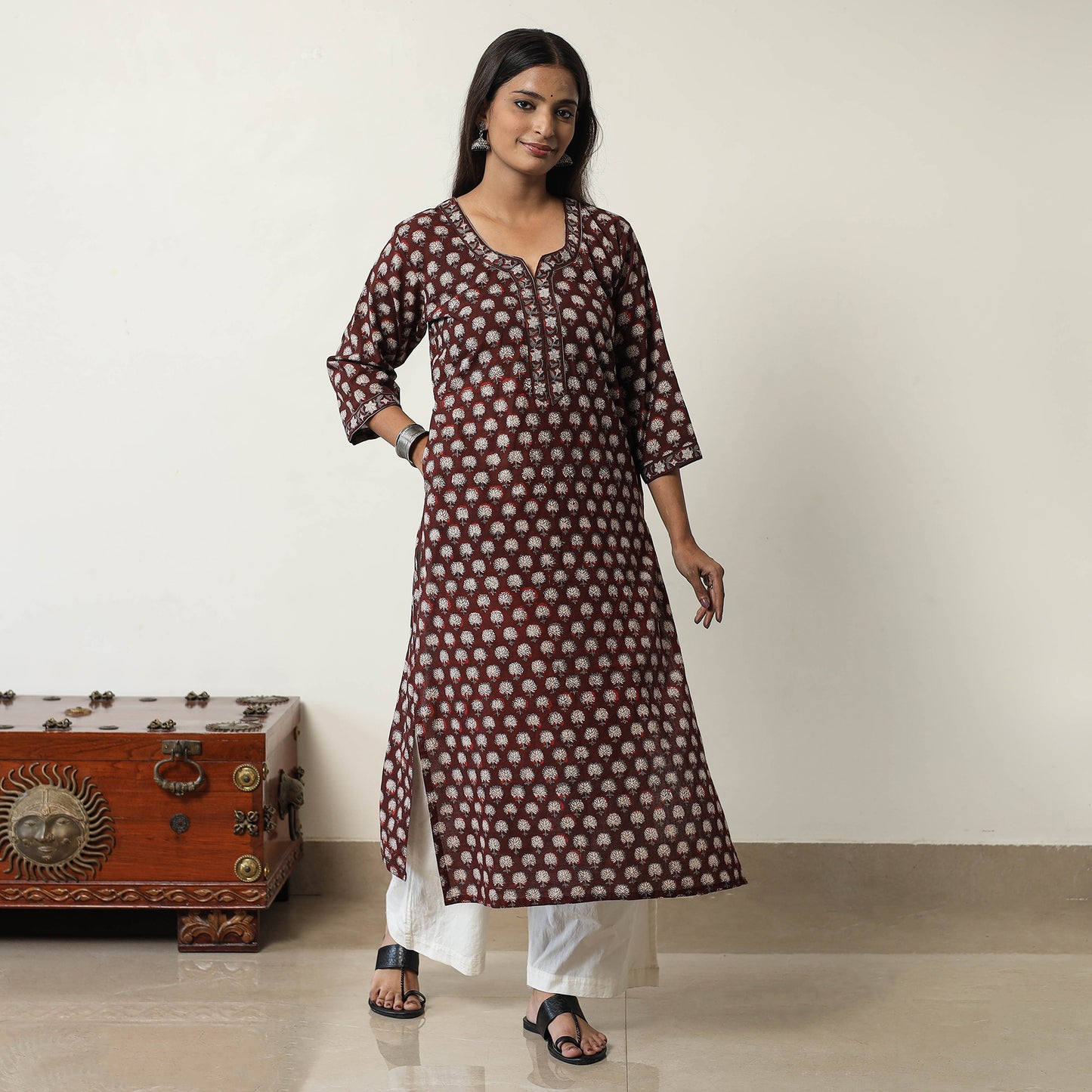 Maroon - Jahota Block Printed Cotton Straight Kurta 12