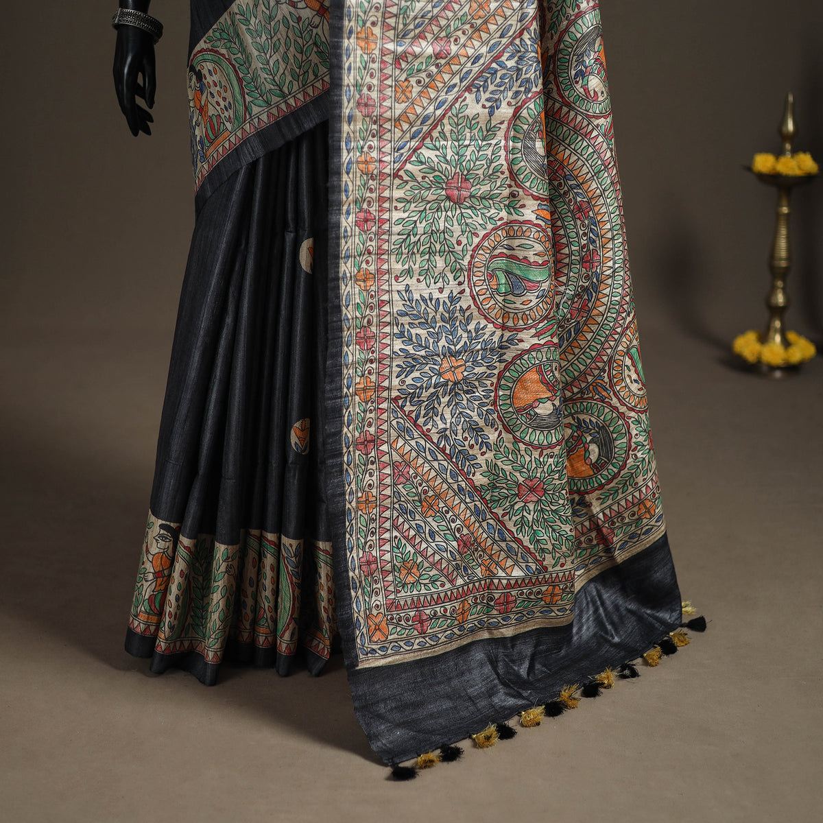 Grey - Madhubani Handpainted Pure Ghicha Tussar Silk Handloom Saree 01