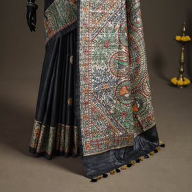 Grey - Madhubani Handpainted Pure Ghicha Tussar Silk Handloom Saree 01