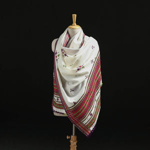 White - Kutch Handwoven Mirror Work Chomuk Buta Acrylic Wool Shawl 04